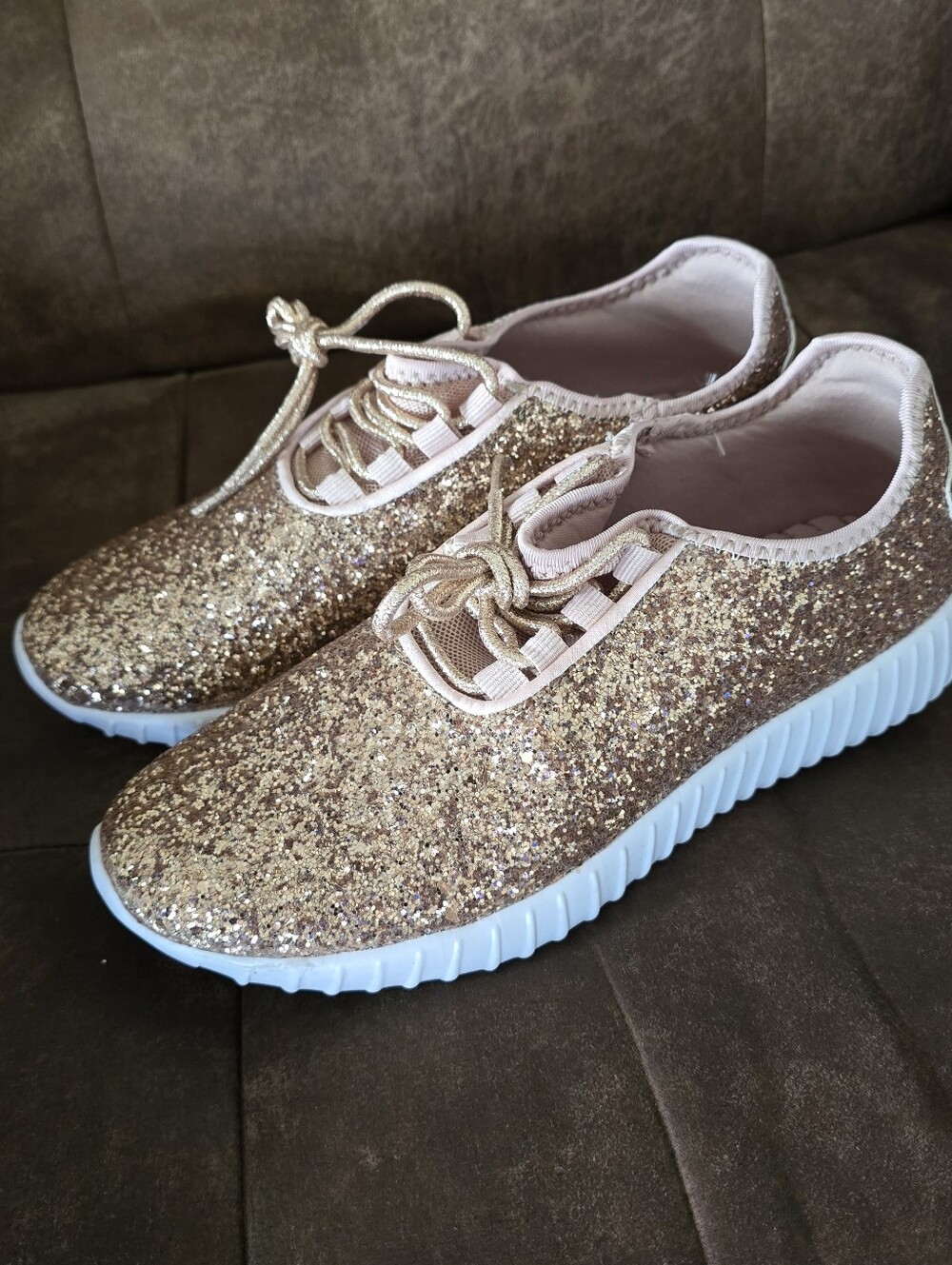 Forever Link Glitter Lace-Up Sneakers in Rose Gold, Size 8